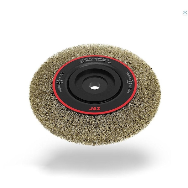 Jaz Crimped Wire Wheel Brush, 8in, .12in, Stainless Steel, 1-1/16in FW, 1/2in - 2in AH, Width: 1-5/8in. 25730 - main